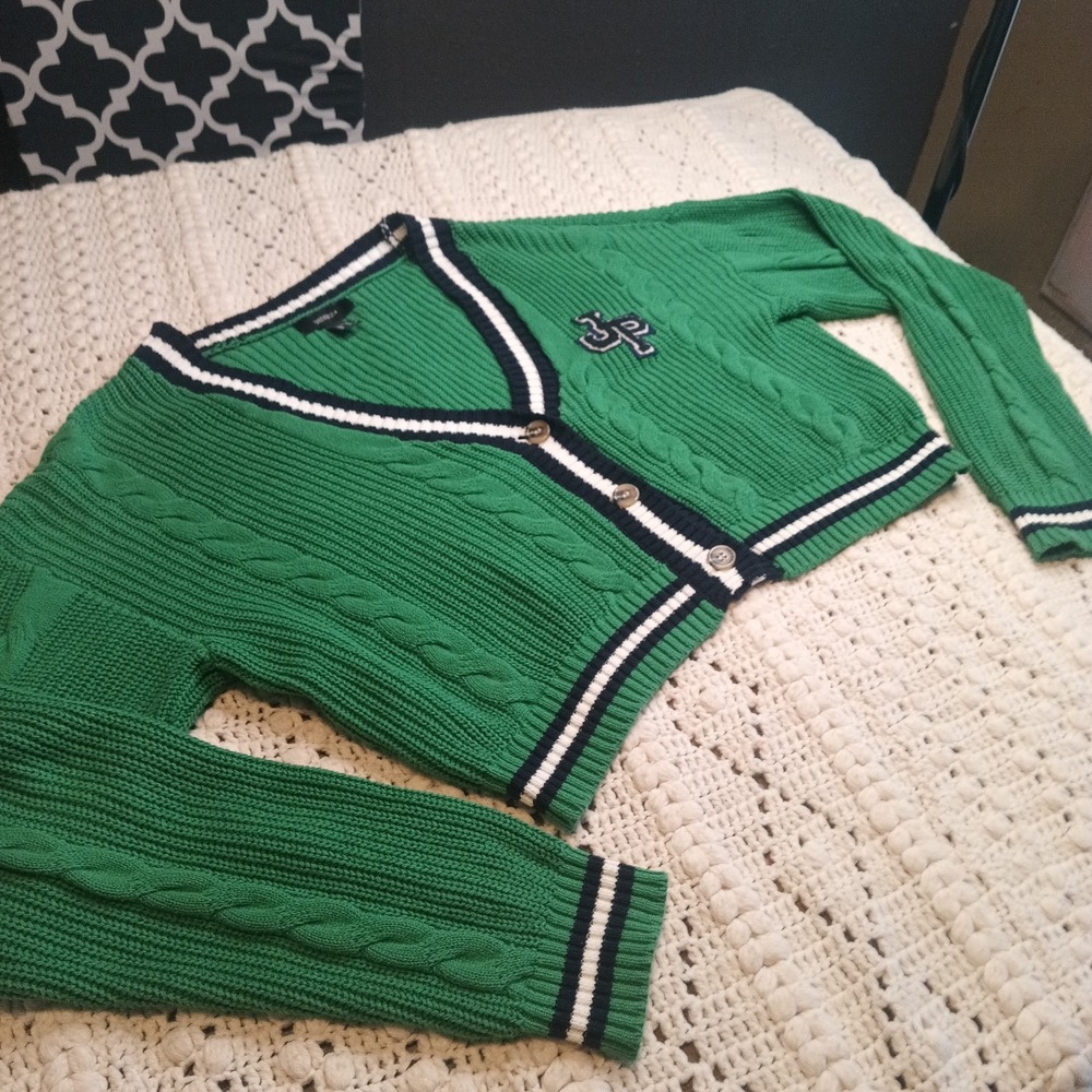 Forever 21 Green Cable Knit 1X Sweater Stripe Academia Varsity Cardigan Prep